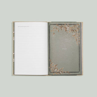 Open book with decorative pages on a light gray background