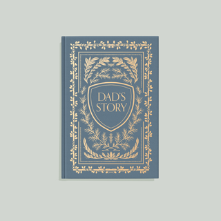 Book titled 'Dad's Story' with decorative cover on a light gray background