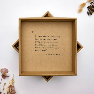 Brown wooden box with printed text on a white background