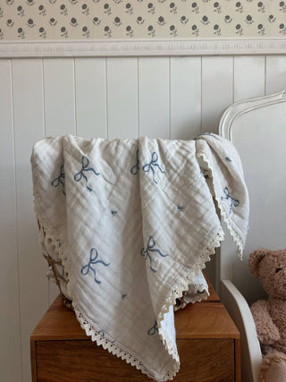Blue Bows Gauze Blanket - Blanket - Dreamy Skies Baby